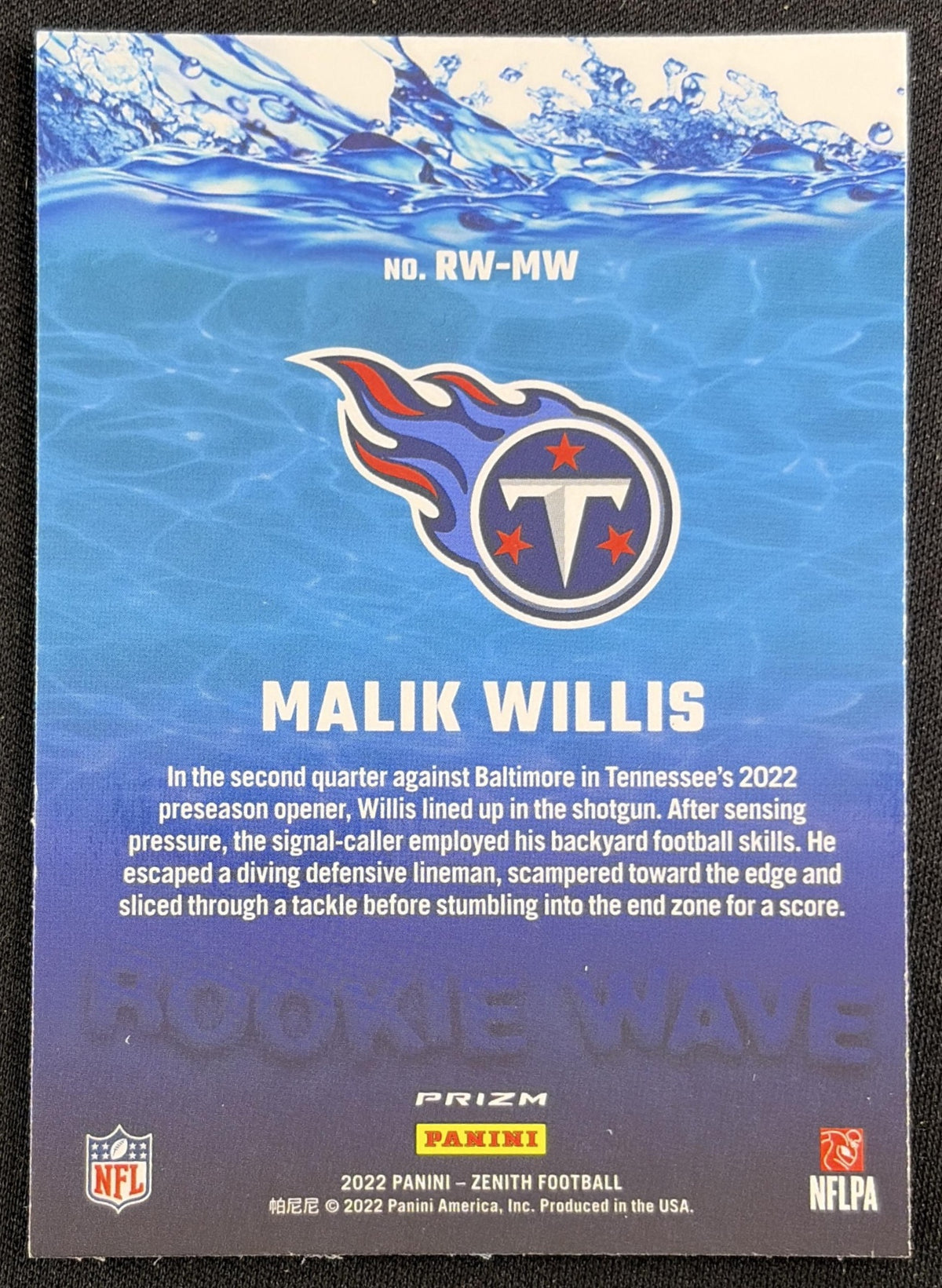 Malik Willis 2022 Panini Zenith Rookie Wave Titans Sports Trading Card