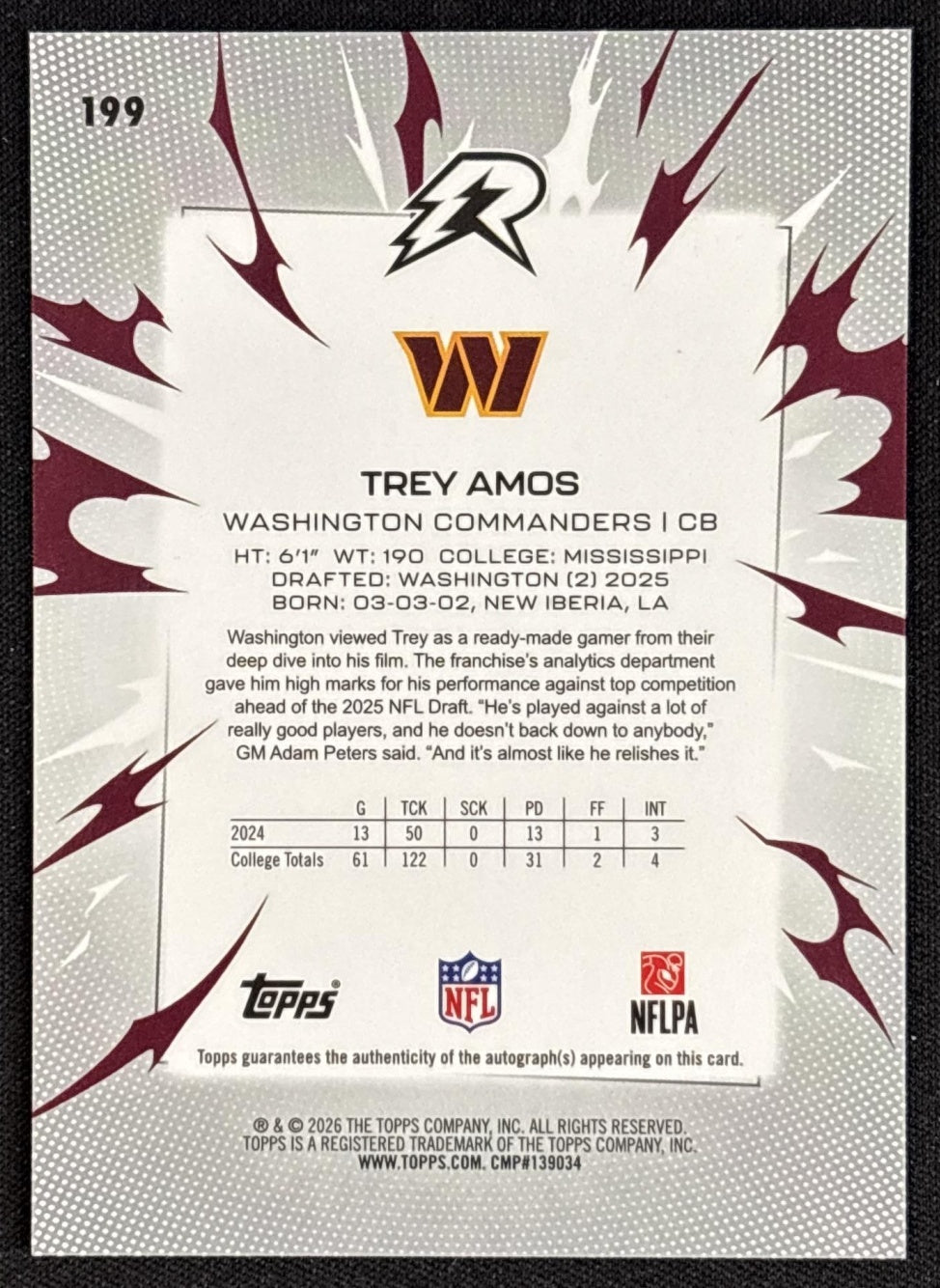 Trey Amos 2025 Resurgence Rookie Signatures Black and White Refractor /375 Commanders Sports Trading Cards