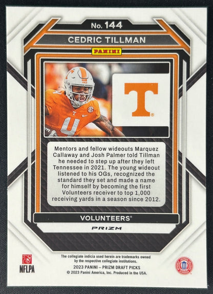 Cedric Tillman 2023 Prizm Draft Picks Prizms Gold Ice Volunteers sports trading card back