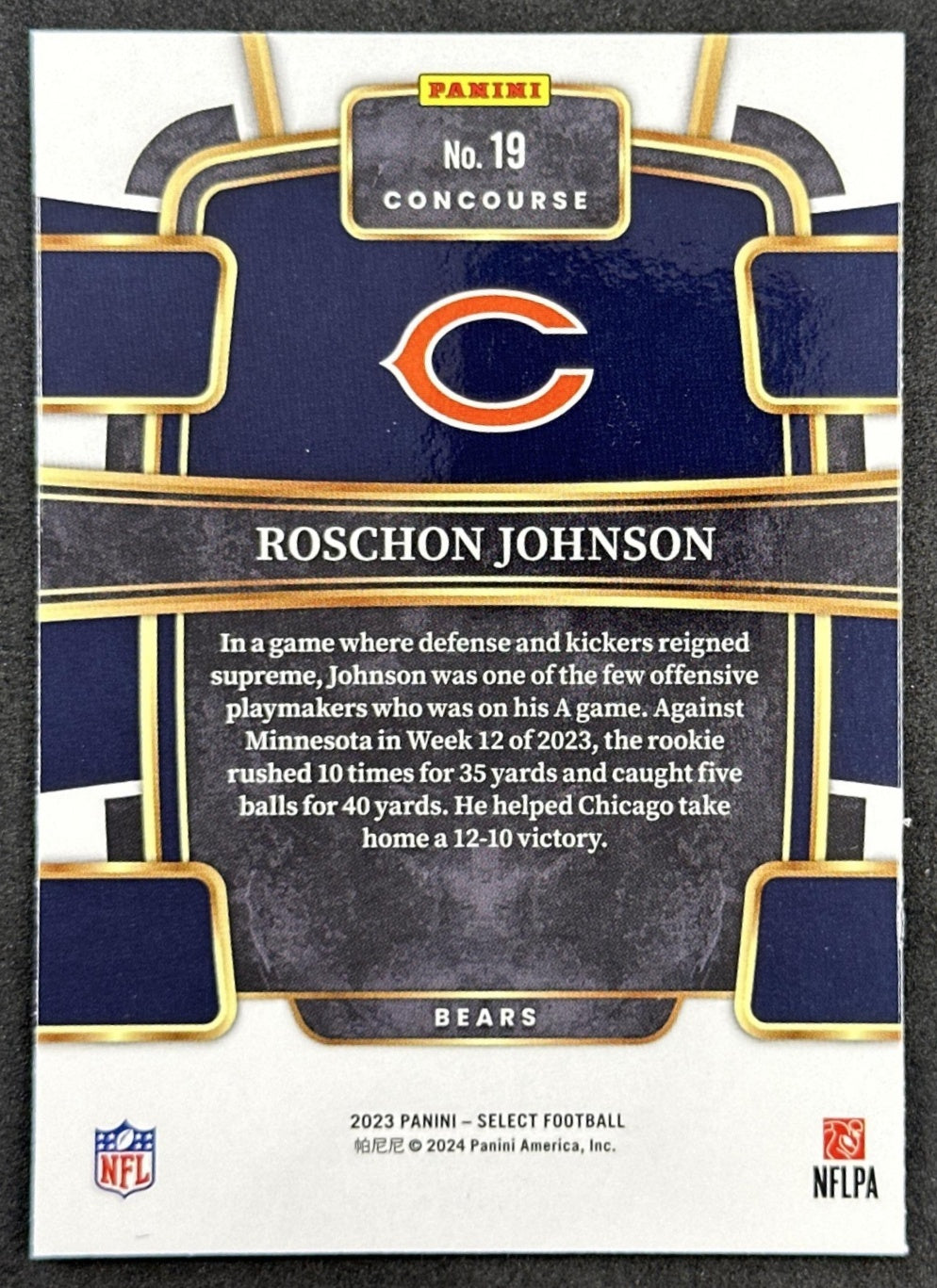 Roschon Johnson 2024 Panini Select Club Bears back sports trading card