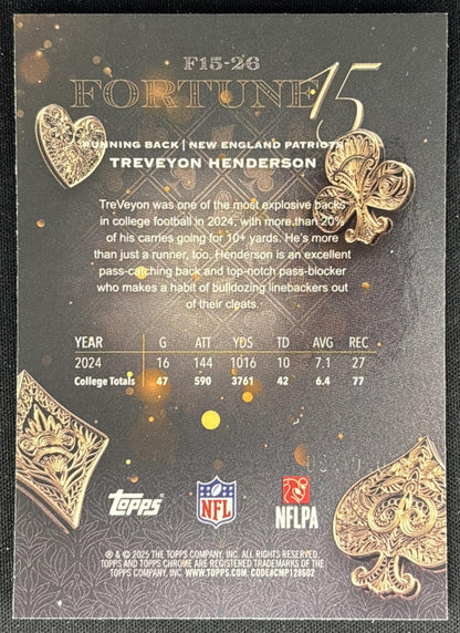 TreVeyon Henderson 2025 Topps Chrome Fortune 15 Pink Refractor /250 Patriots Sports Trading Cards