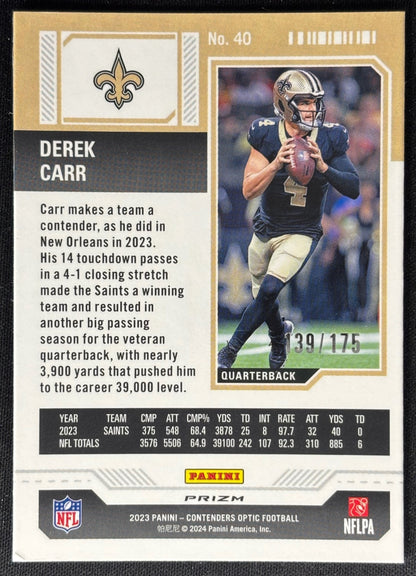 Derek Carr 2023 Contenders Optic Red /175 Saints - Back