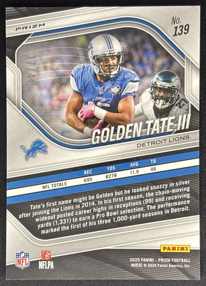 Golden Tate III 2025 Panini Prizm Red & Yellow /44 Lions Sports Trading Cards
