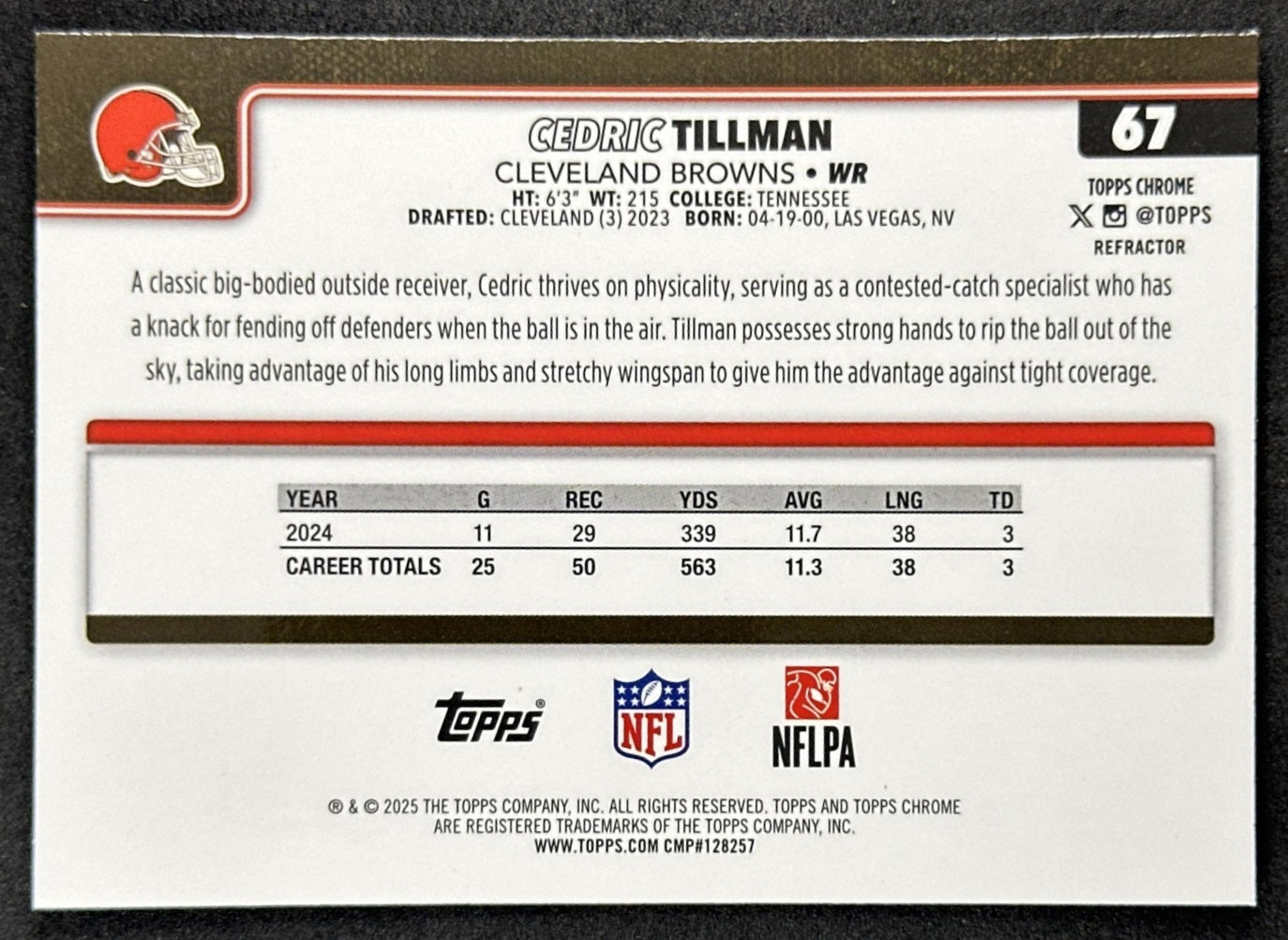 Cedric Tillman 2025 Topps Chrome Refractor Browns