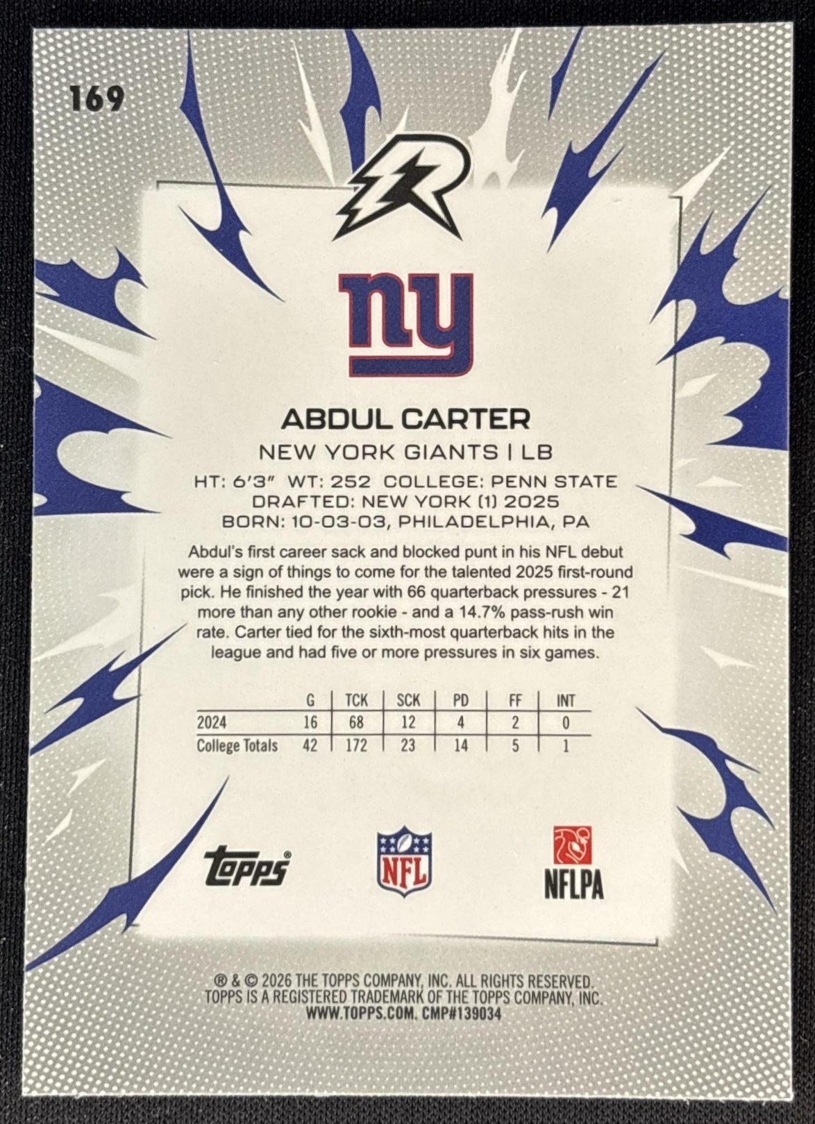 Abdul Carter 2025 Topps Resurgence Giants Sports Trading Cards