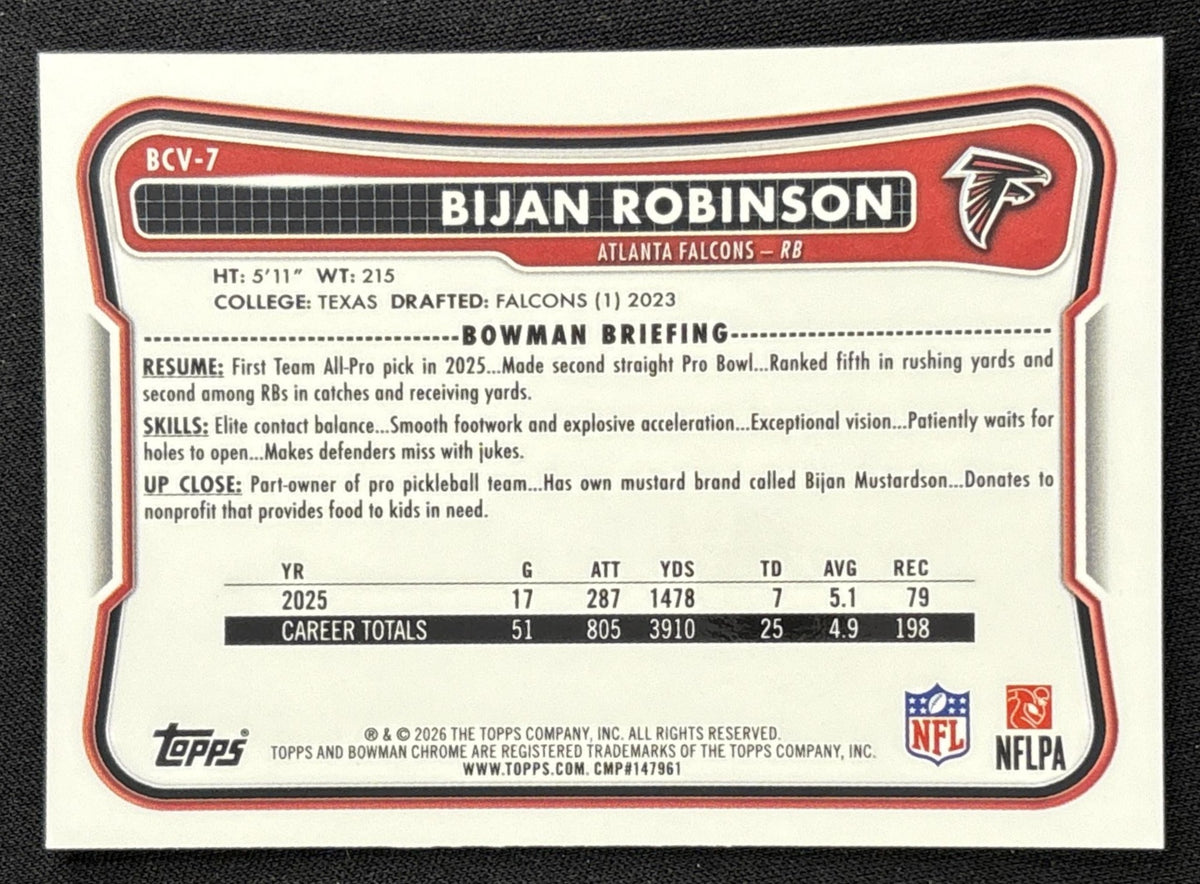Bijan Robinson 2026 Bowman Chrome NFL Yellow Refractor /275 Falcons