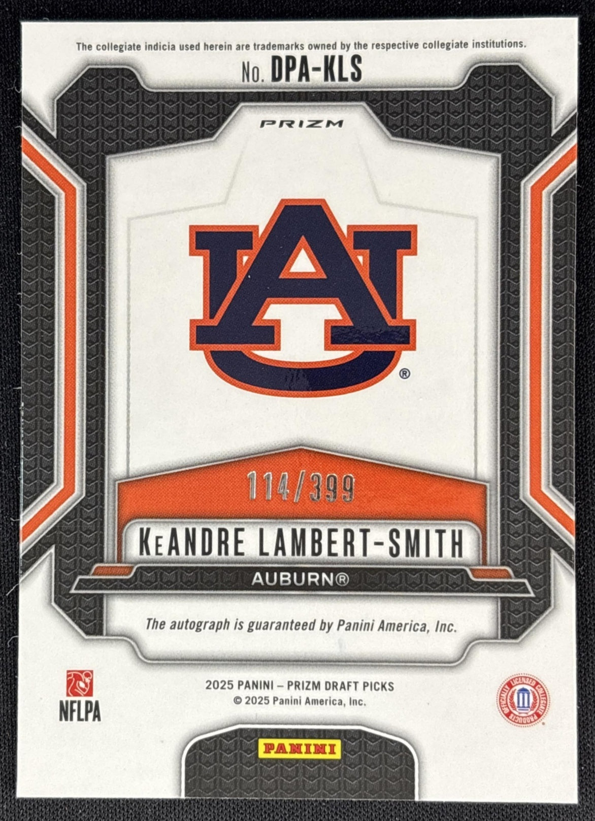 KeAndre Lambert-Smith 2025 Panini Prizm Draft Picks Auto Red /399 Tigers back