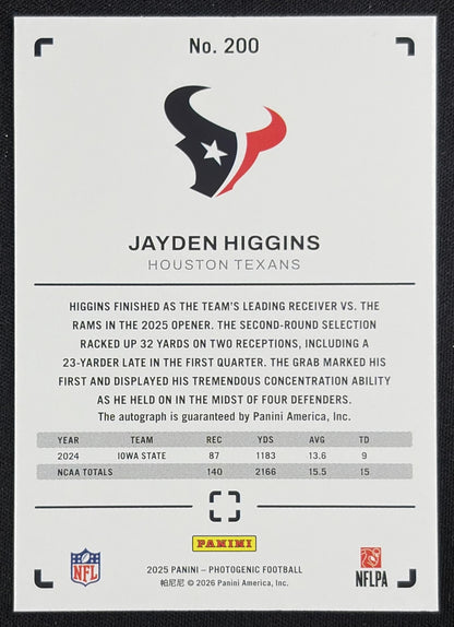 Jayden Higgins 2025 Panini PhotoGenic Rookie Auto Horizontal Green /25 Texans