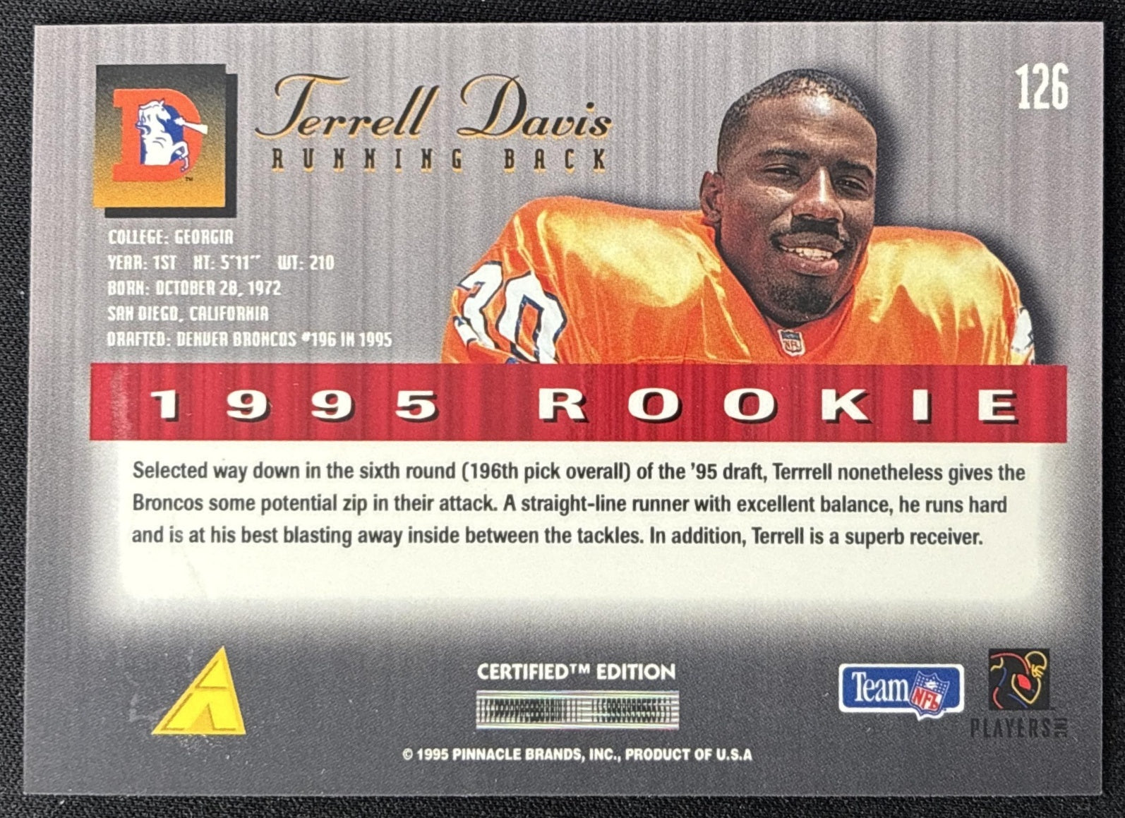 Terrell Davis 1995 Pinnacle Select Certified Broncos Sports Trading Card
