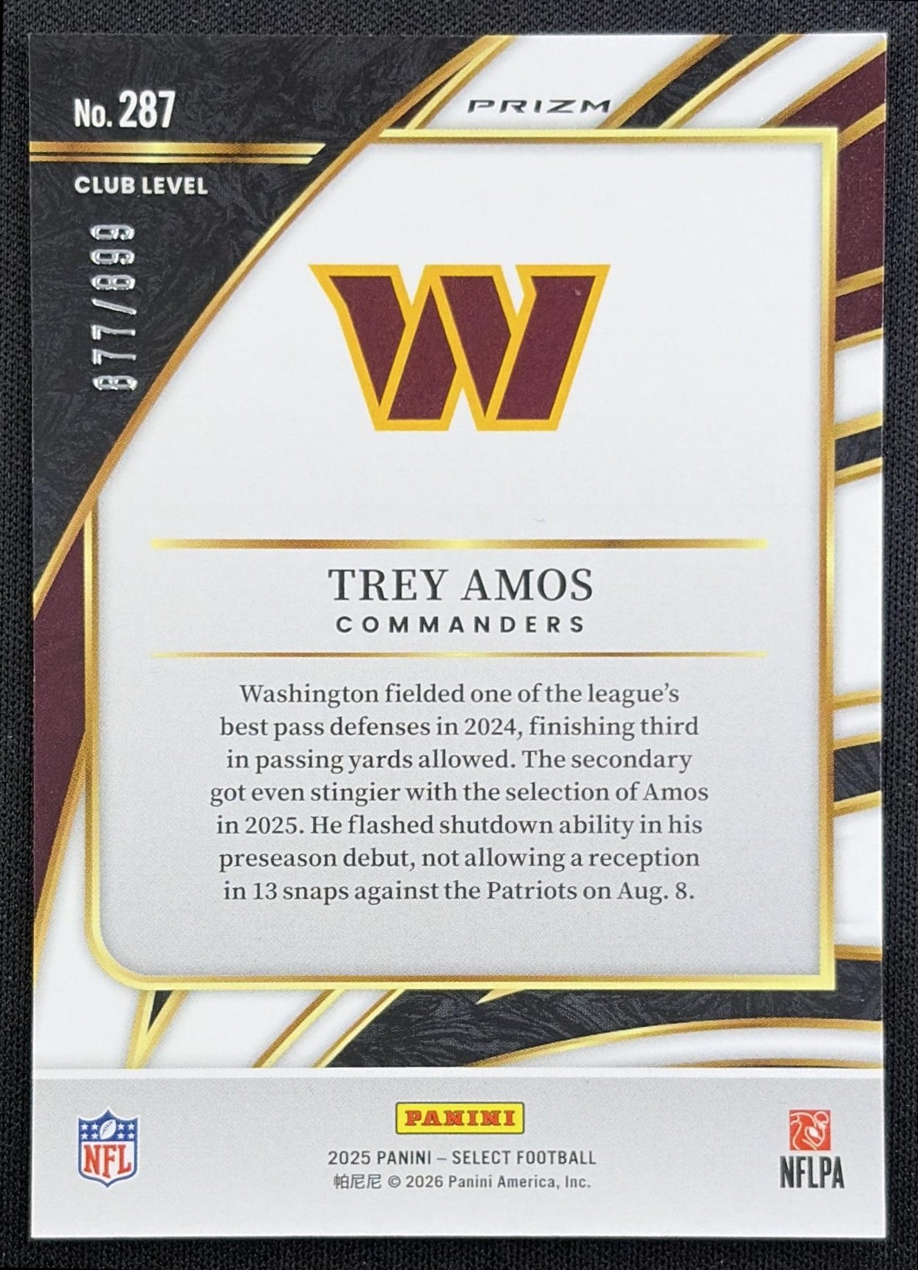Trey Amos 2025 Panini Select Club Level Copper Prizm Shock /899 Commanders