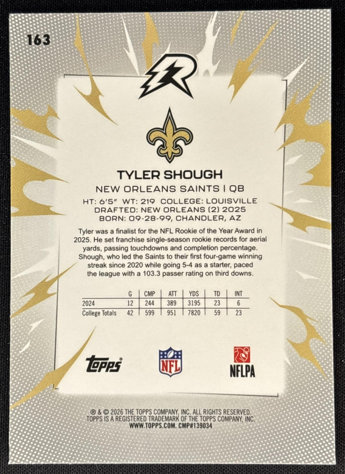Tyler Shough 2025 Topps Resurgence Sky Blue and Pink Shock Refractor Saints New Orleans Saints Sports Trading Cards