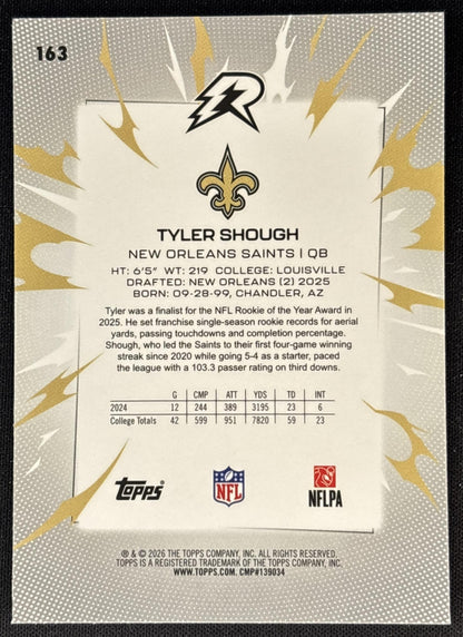 Tyler Shough 2025 Topps Resurgence Sky Blue and Pink Shock Refractor Saints New Orleans Saints Sports Trading Cards