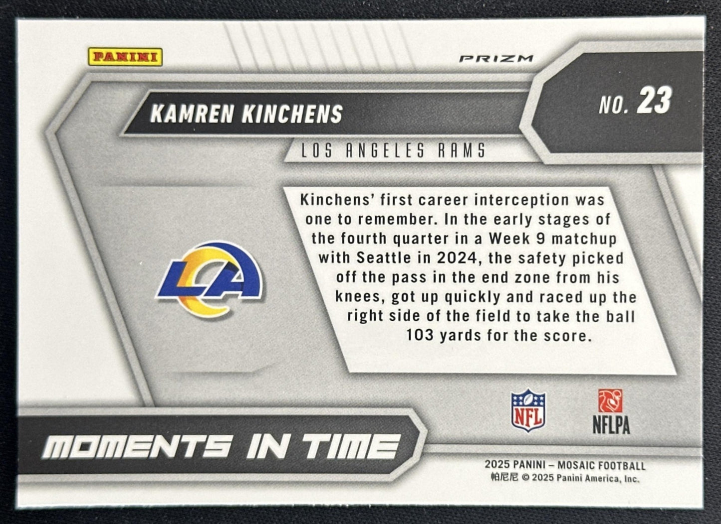Kamren Kinchens 2025 Panini Mosaic Moments in Time No Huddle Silver Prizm Rams Sports Trading Cards
