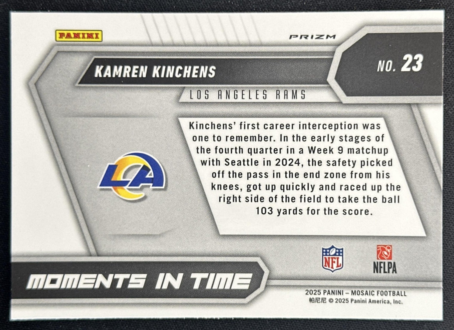 Kamren Kinchens 2025 Panini Mosaic Moments in Time No Huddle Silver Prizm Rams Sports Trading Cards