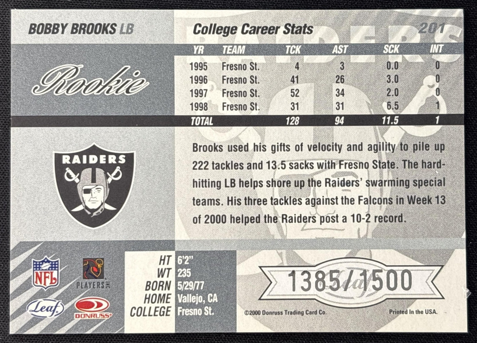Neil Rackers 2000 Leaf Limited /1500 Sports Trading Cards