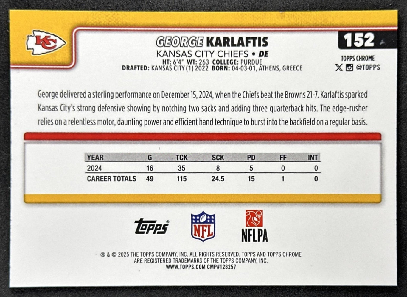 George Karlaftis 2025 Topps Chrome Sapphire Chiefs