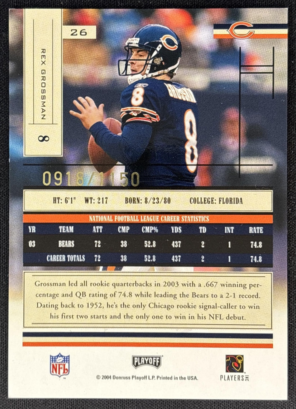 Rex Grossman 2004 Playoff Absolute Memorabilia /1150 Bears back