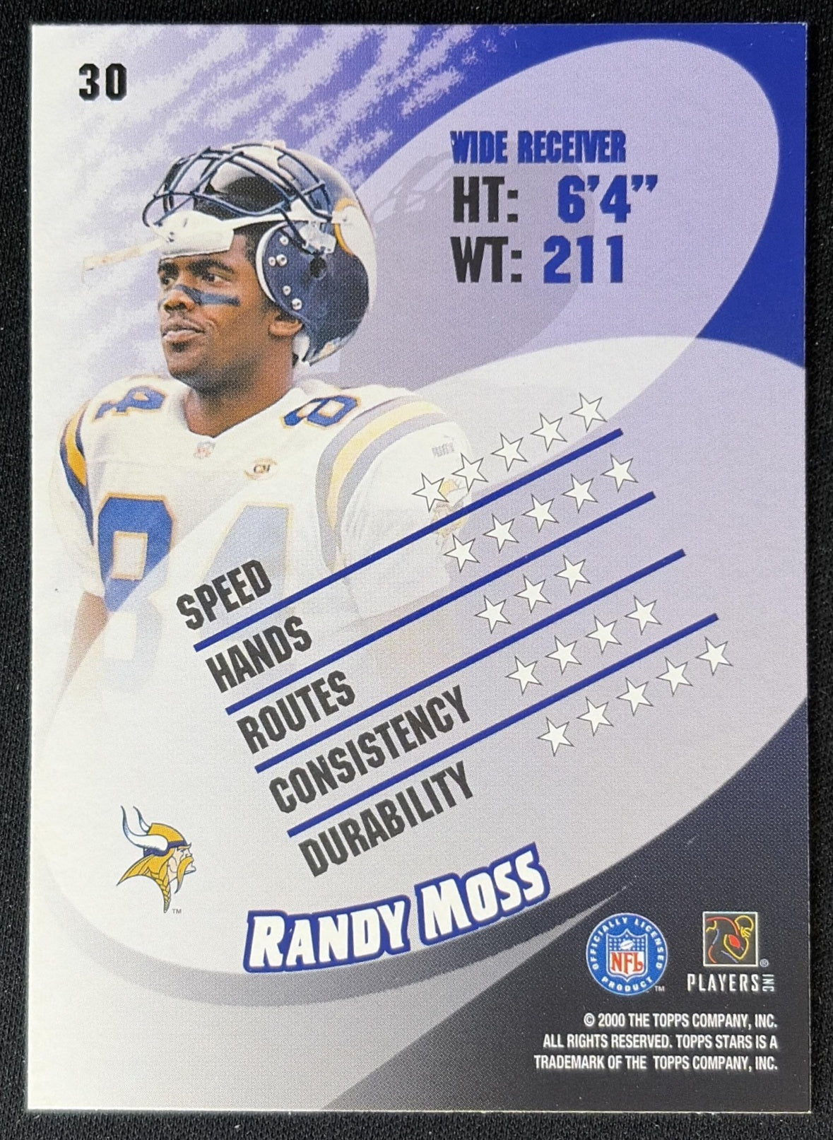 Randy Moss 2000 Topps Stars Vikings back