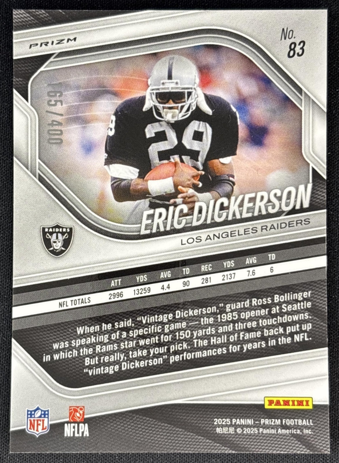 Eric Dickerson 2025 Panini Prizm Pandora /400 Raiders back