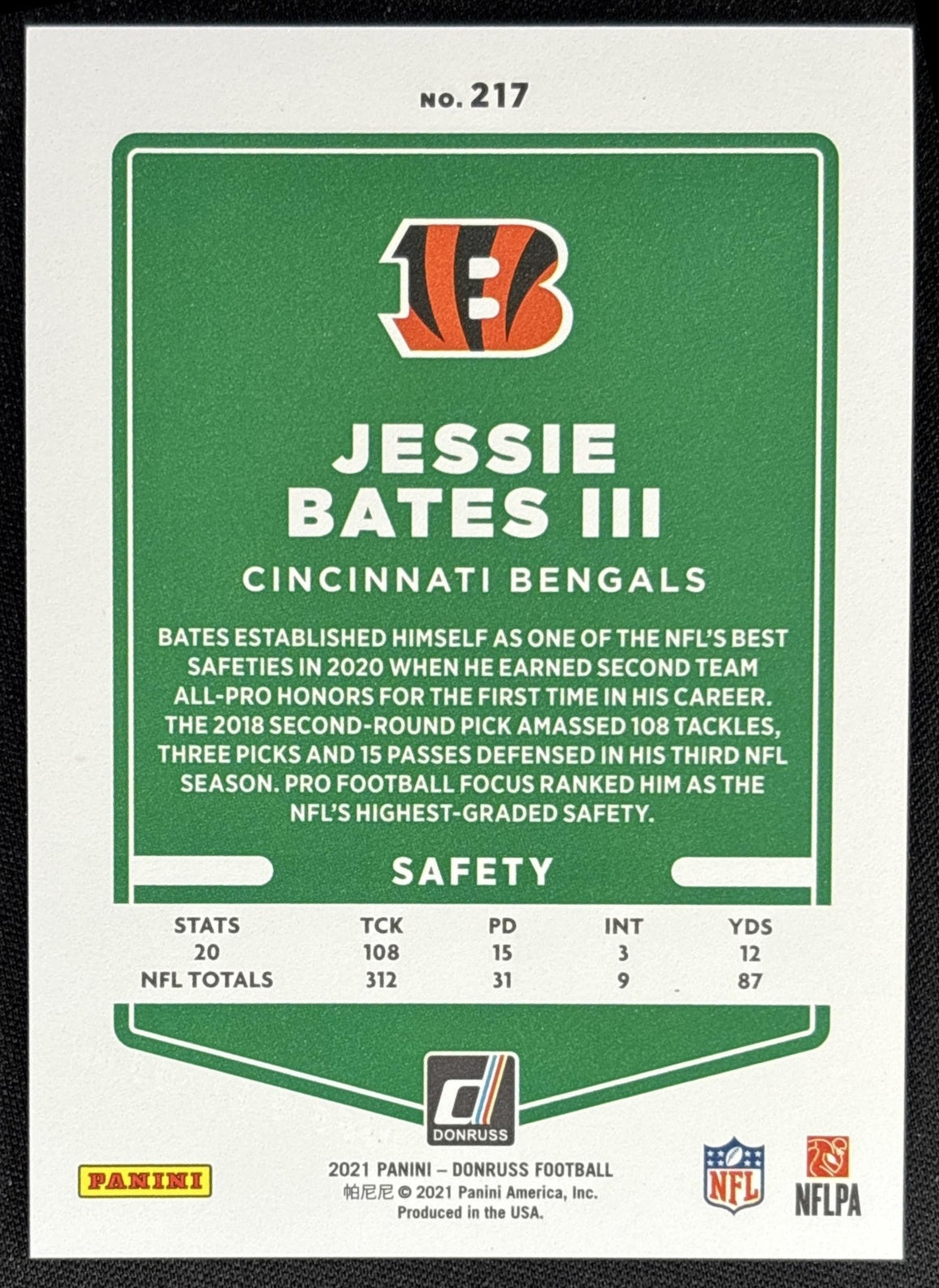 Jessie Bates 2021 Panini Donruss Press Proof Premium Bengals
