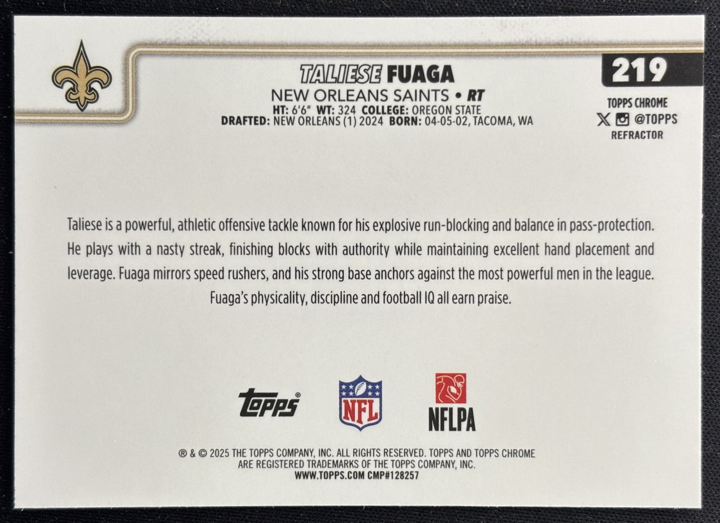 Taliese Fuaga 2025 Topps Chrome Refractor Saints Sports Trading Cards