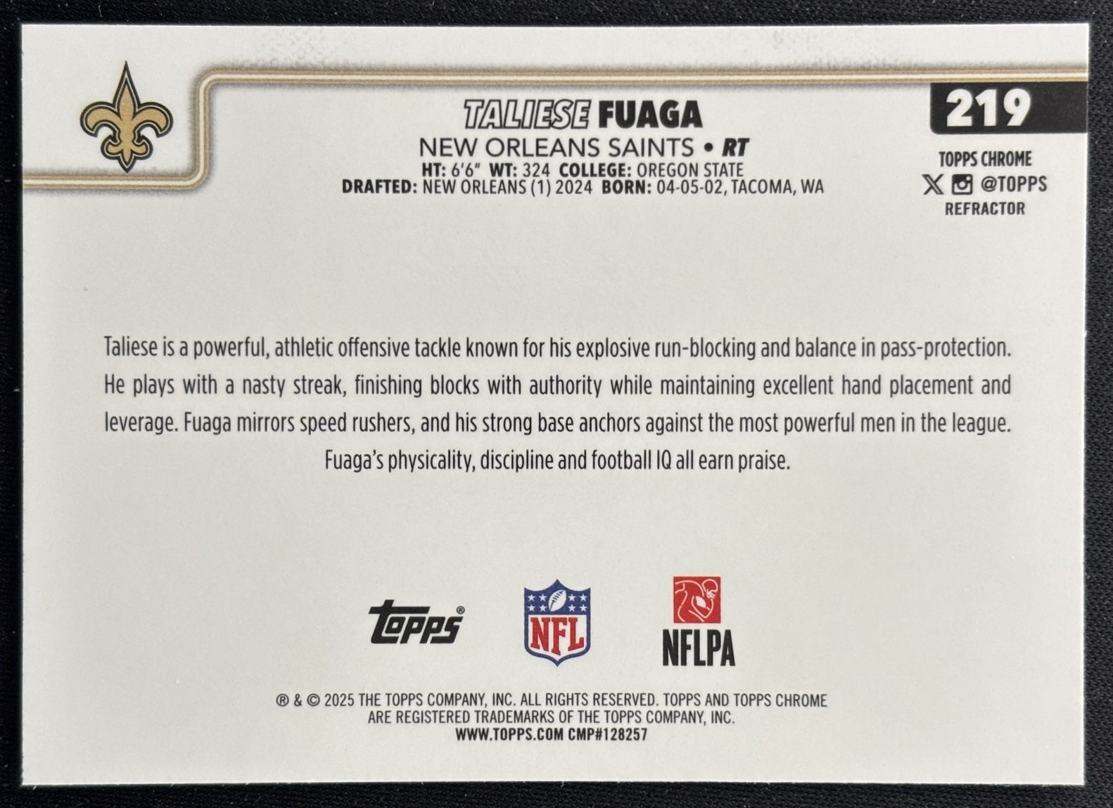 Taliese Fuaga 2025 Topps Chrome Refractor Saints Sports Trading Cards