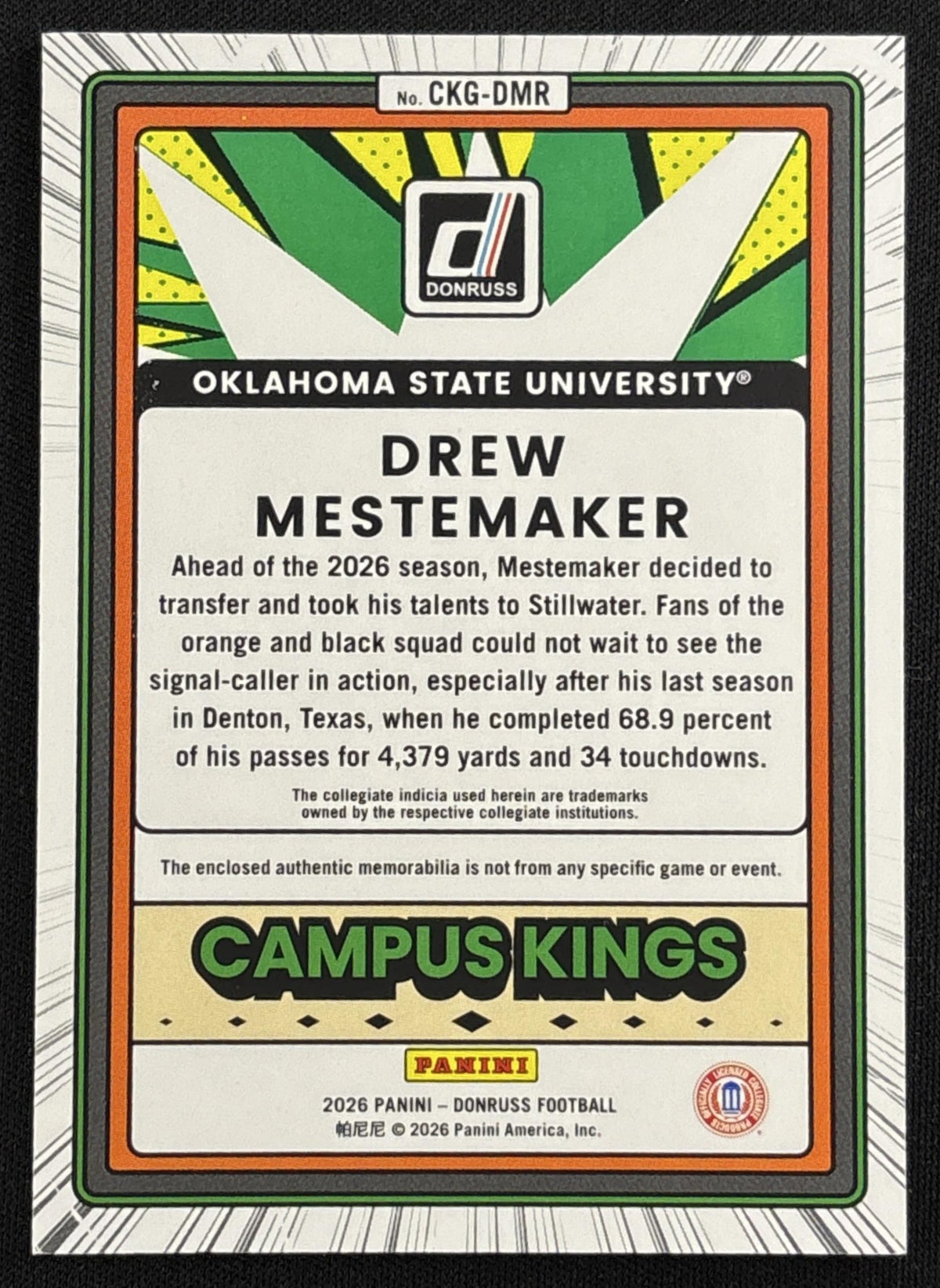 Drew Mestemaker 2026 Panini Donruss Campus Kings Cowboys back