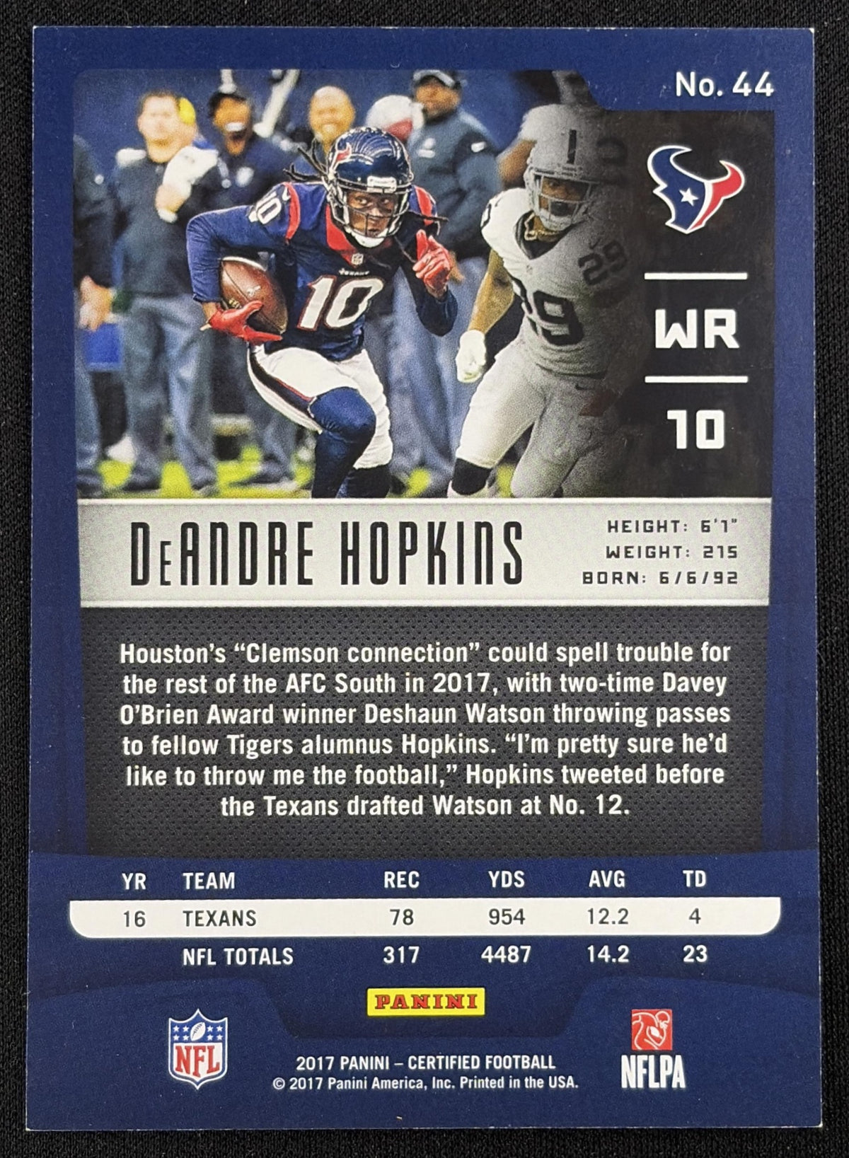 DeAndre Hopkins 2017 Panini Certified Mirror /499 Texans sports trading card back