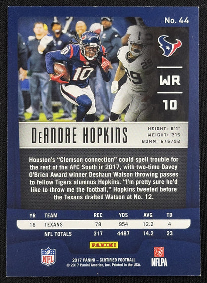 DeAndre Hopkins 2017 Panini Certified Mirror /499 Texans sports trading card back