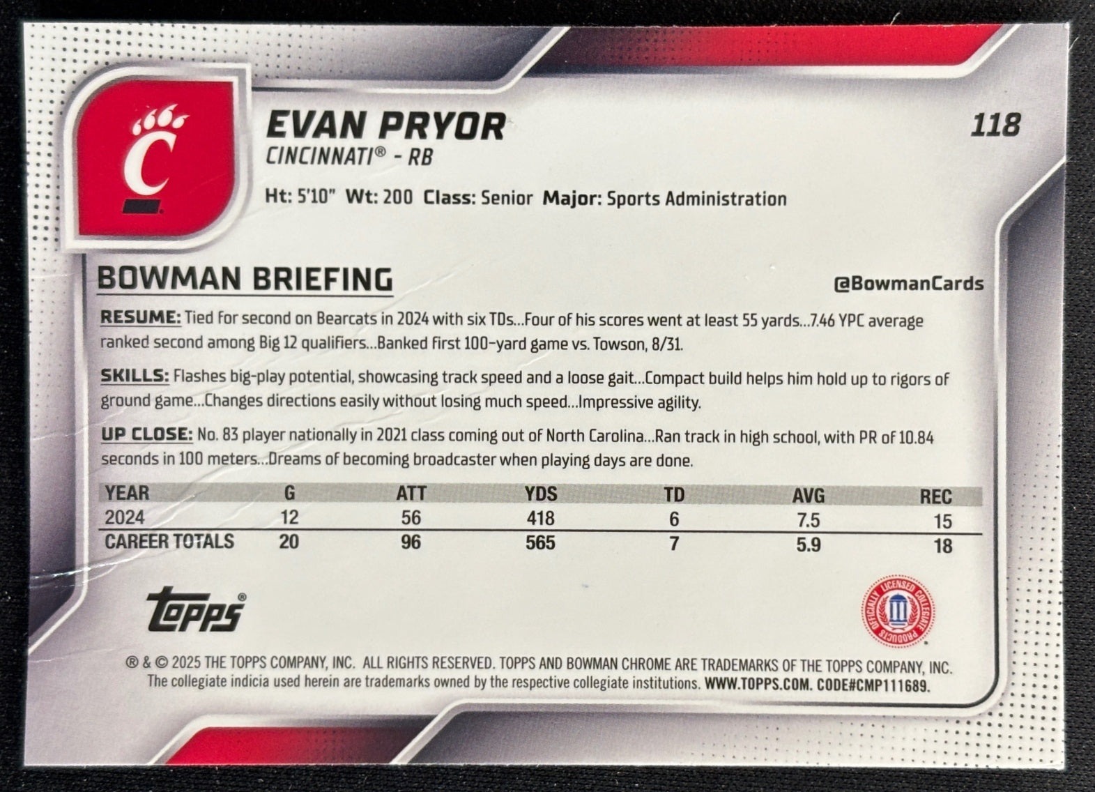 Evan Pryor 2025 Chrome University Prospects Purple Shimmer Refractor /75 Bearcats - Back | Wayne Collection