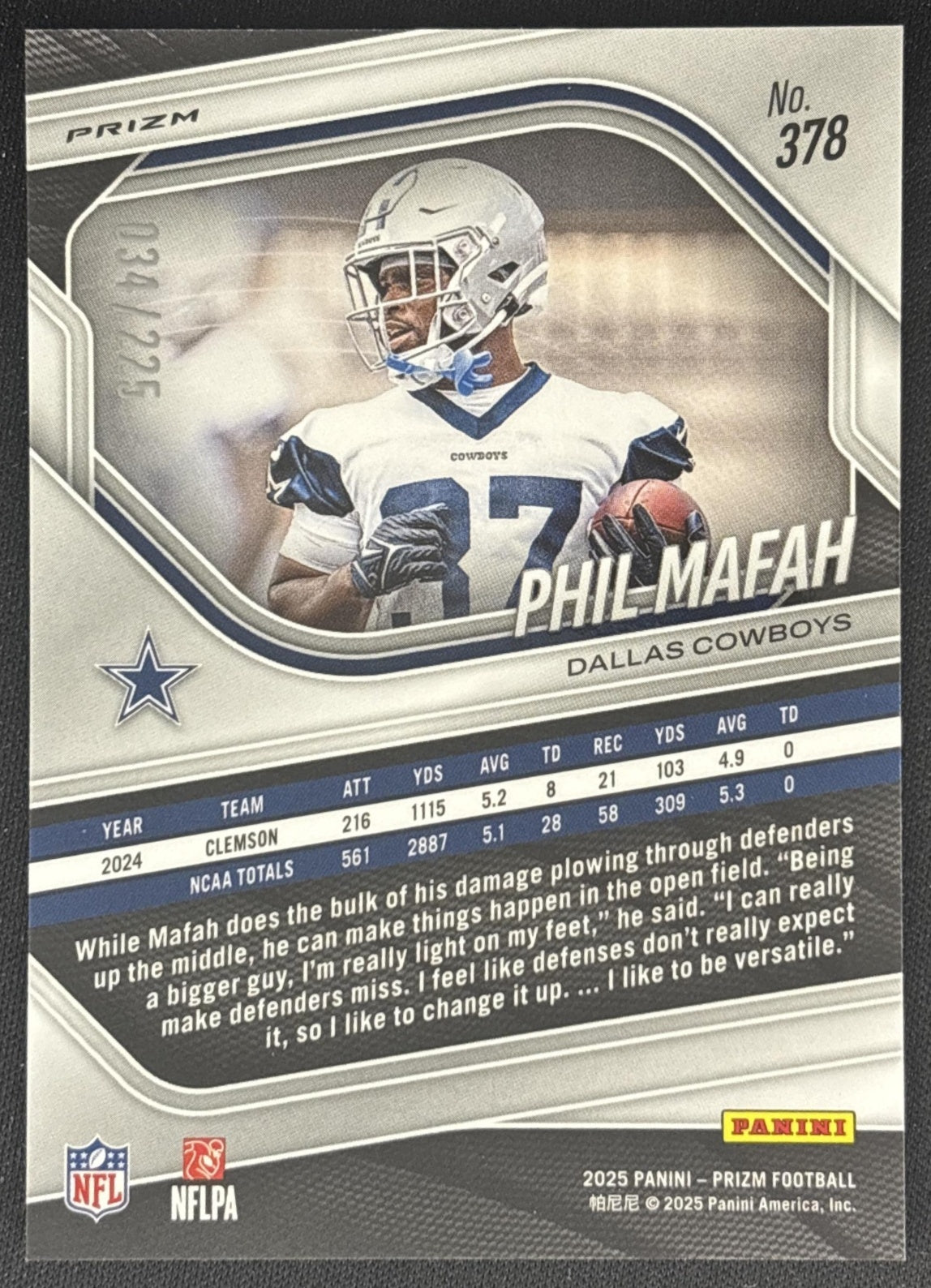 Phil Mafah 2025 Panini Prizm Purple Ice /225 Cowboys back