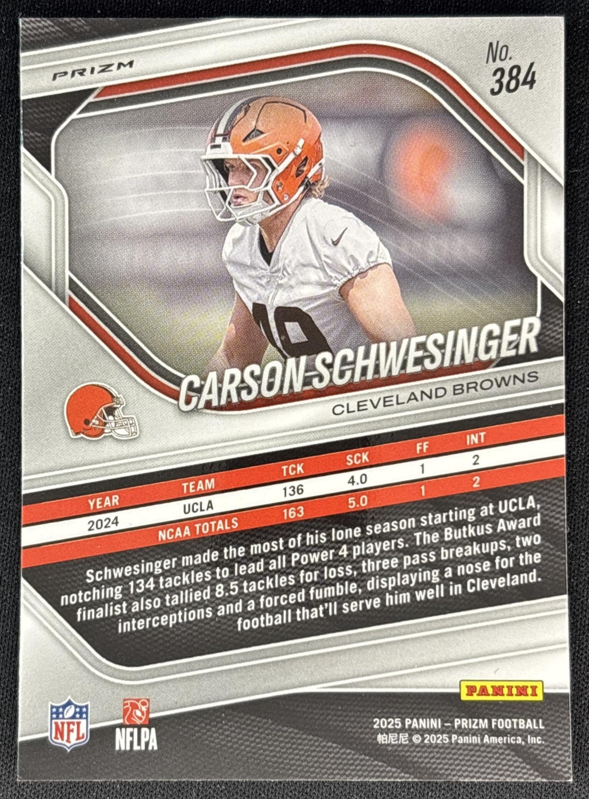Carson Schwesinger 2025 Panini Prizm Silver Browns Back