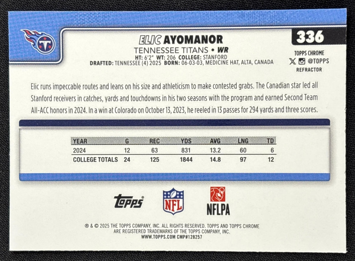 Elic Ayomanor 2025 Topps Chrome Rookie Refractor Titans Tennessee Titans