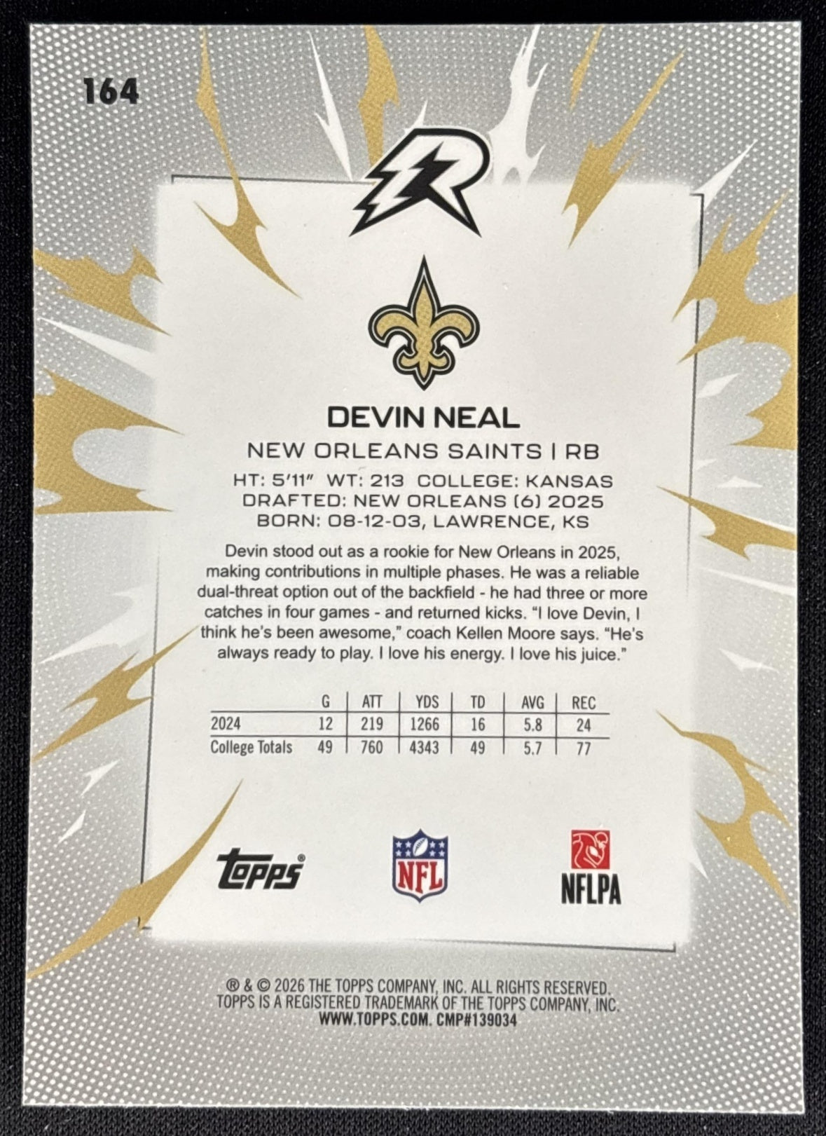 Devin Neal 2025 Topps Resurgence Prism Refractor Saints back