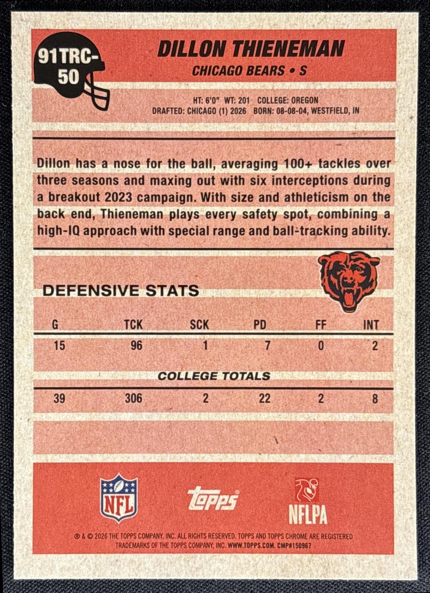 Dillon Thieneman 2026 Topps 1991 Chrome Rookie Mojo Refractor Bears
