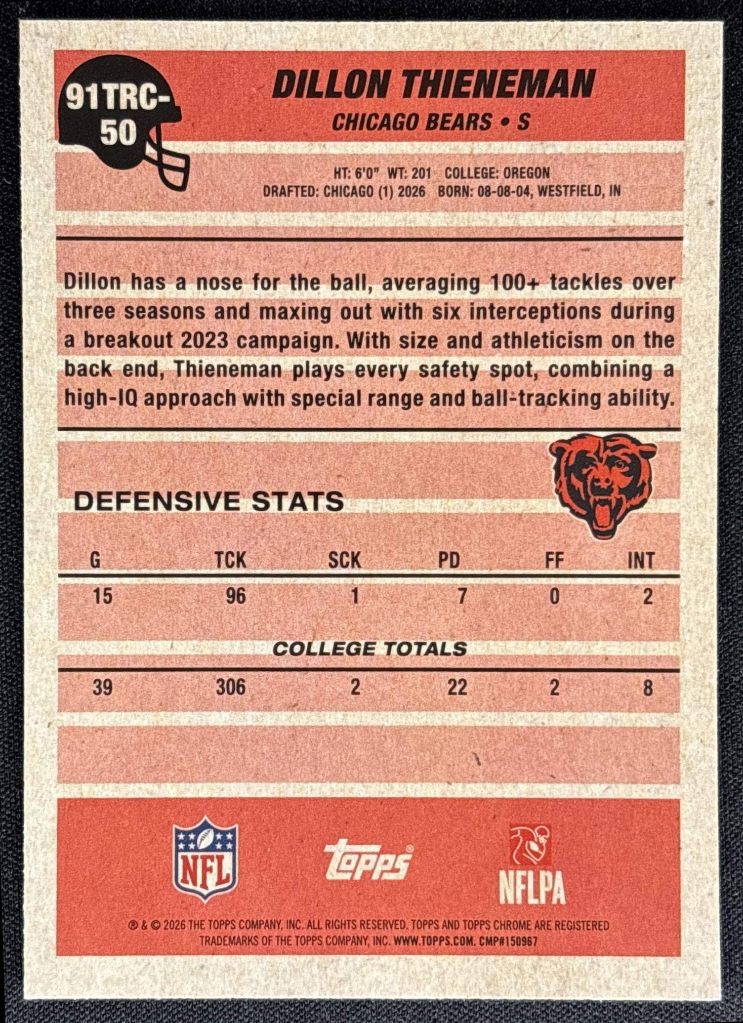 Dillon Thieneman 2026 Topps 1991 Chrome Rookie Mojo Refractor Bears