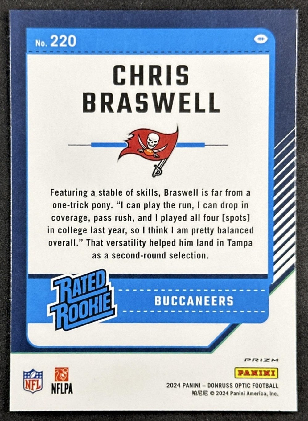 Chris Braswell 2024 Panini Donruss Optic Purple Shock Buccaneers Back