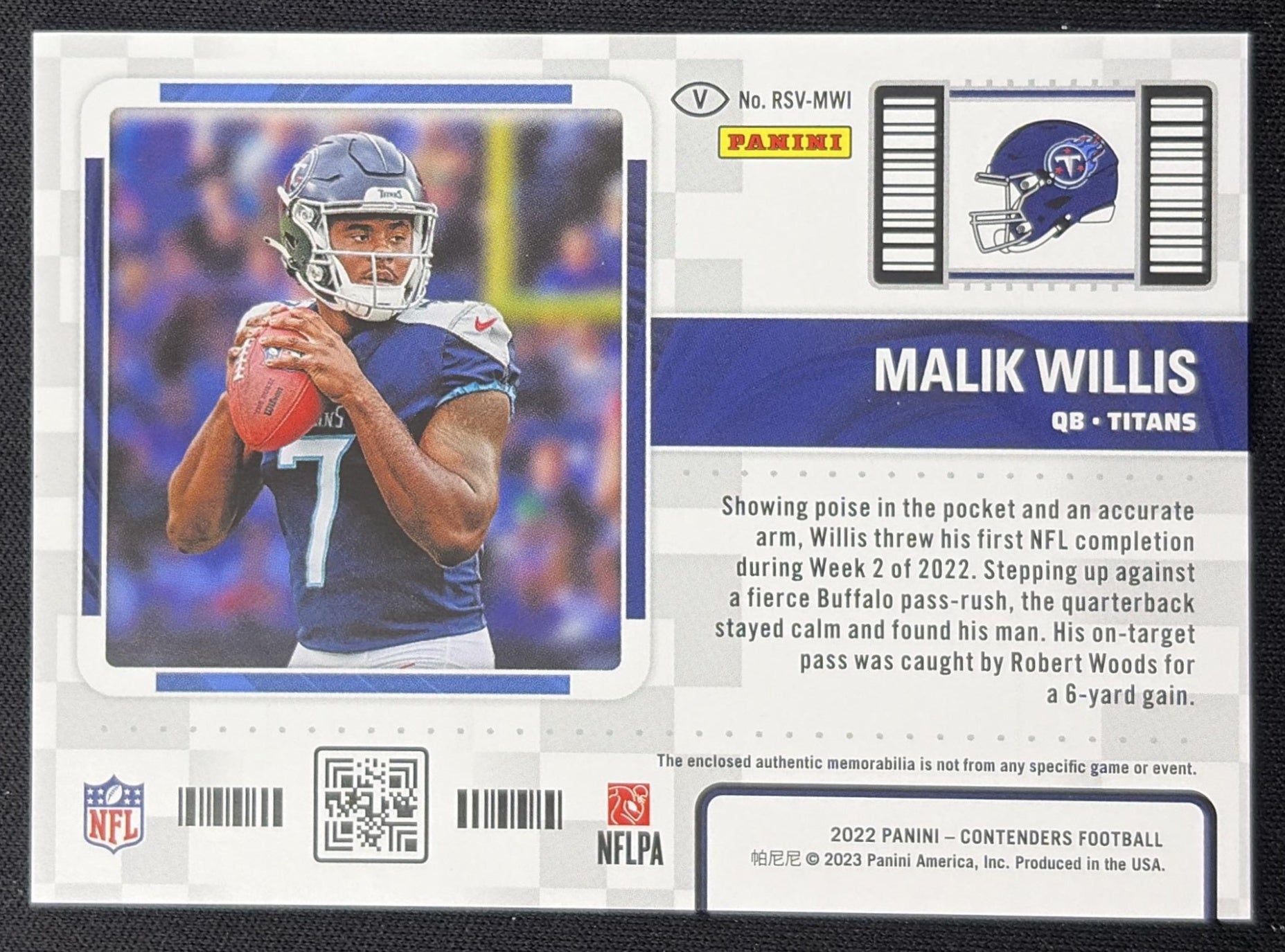Malik Willis 2022 Panini Contenders Rookie Ticket Swatches Variation Titans