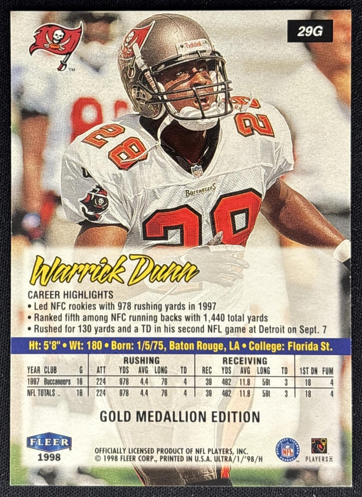 Warrick Dunn 1998 Fleer Ultra Gold Medallion Buccaneers back