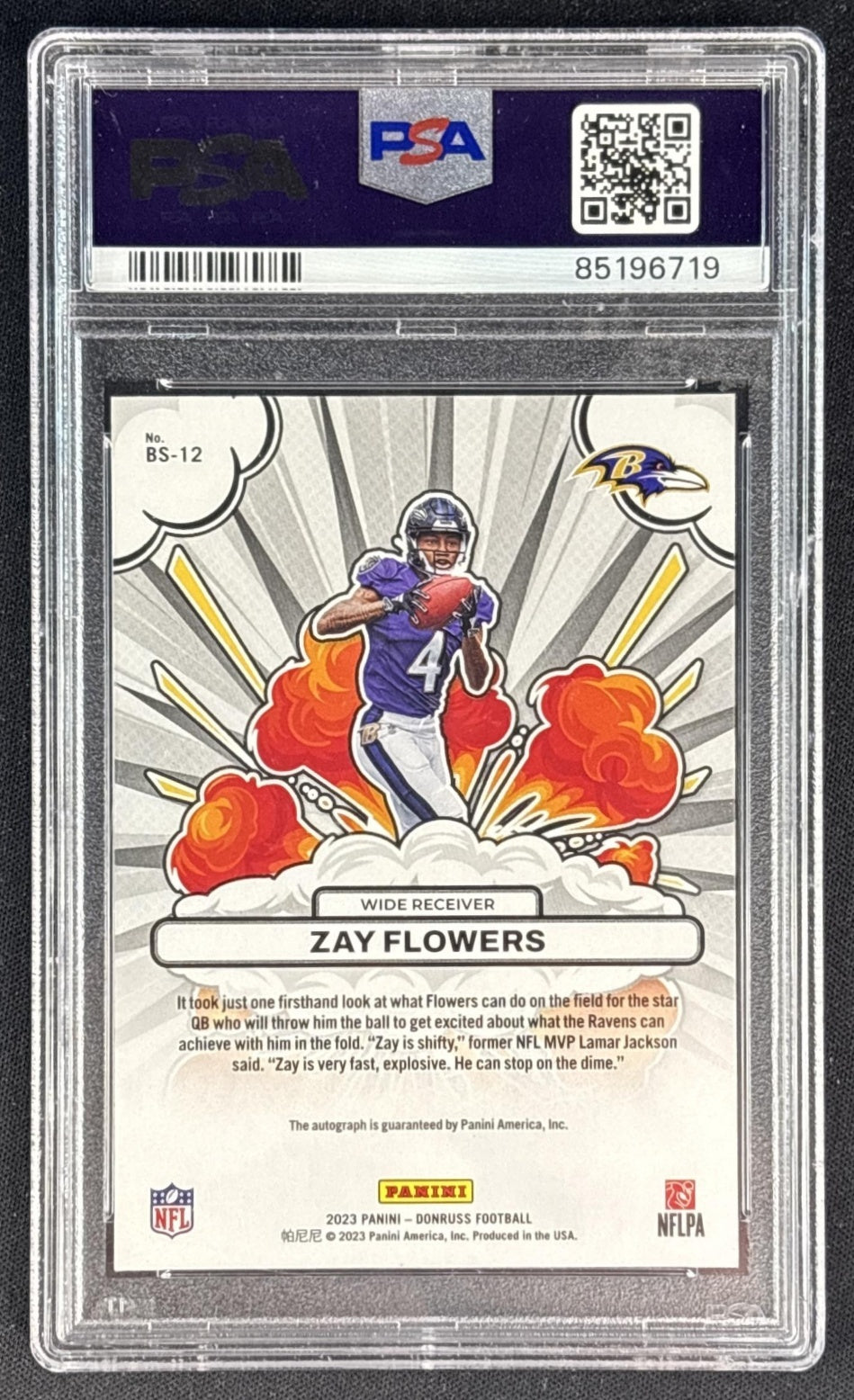 Zay Flowers 2023 Panini Donruss Bomb Squad Auto /75 PSA 10 Ravens