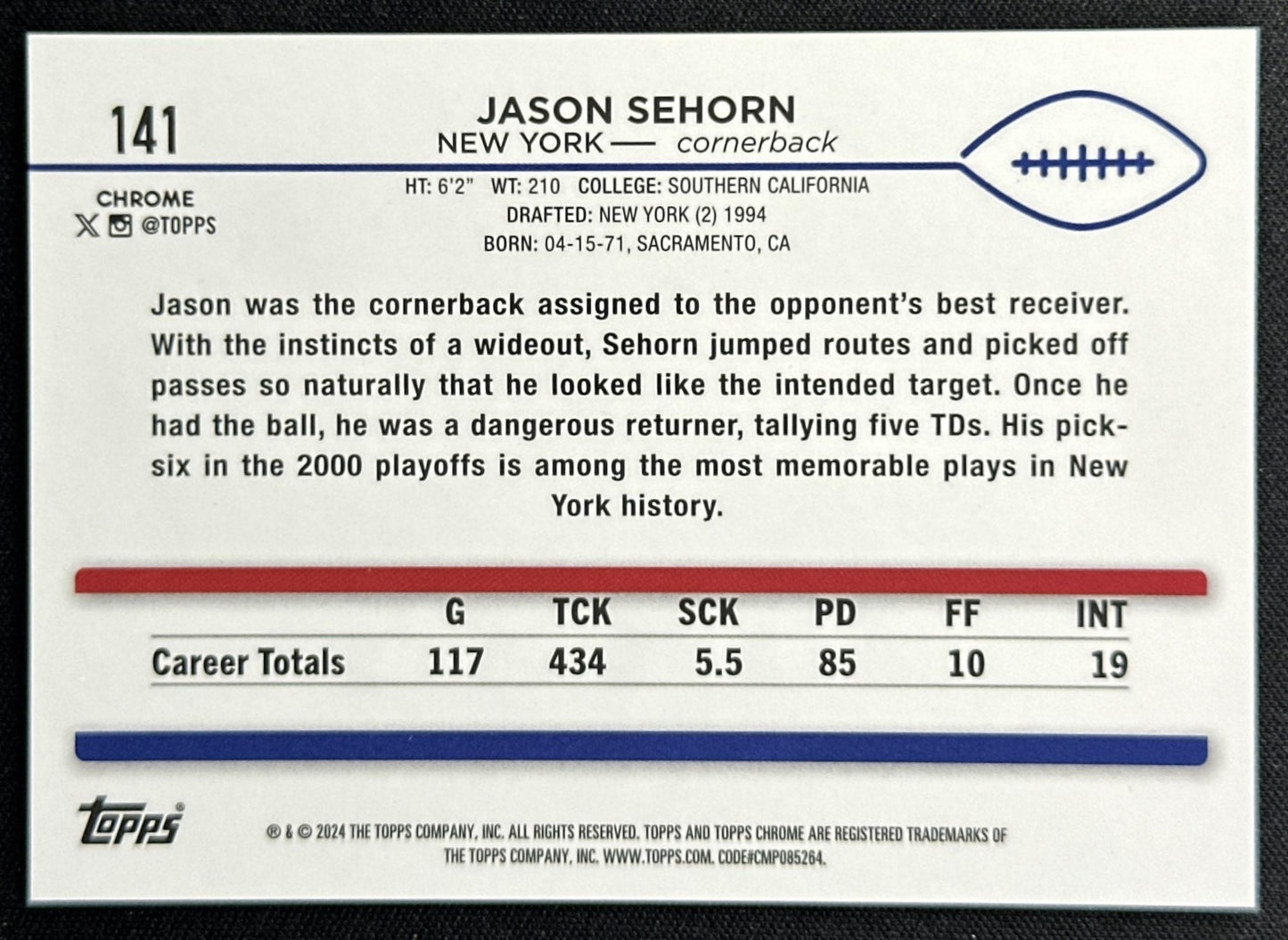 Jason Sehorn 2024 Topps Chrome Sapphire Edition Gold Refractor /50 Giants