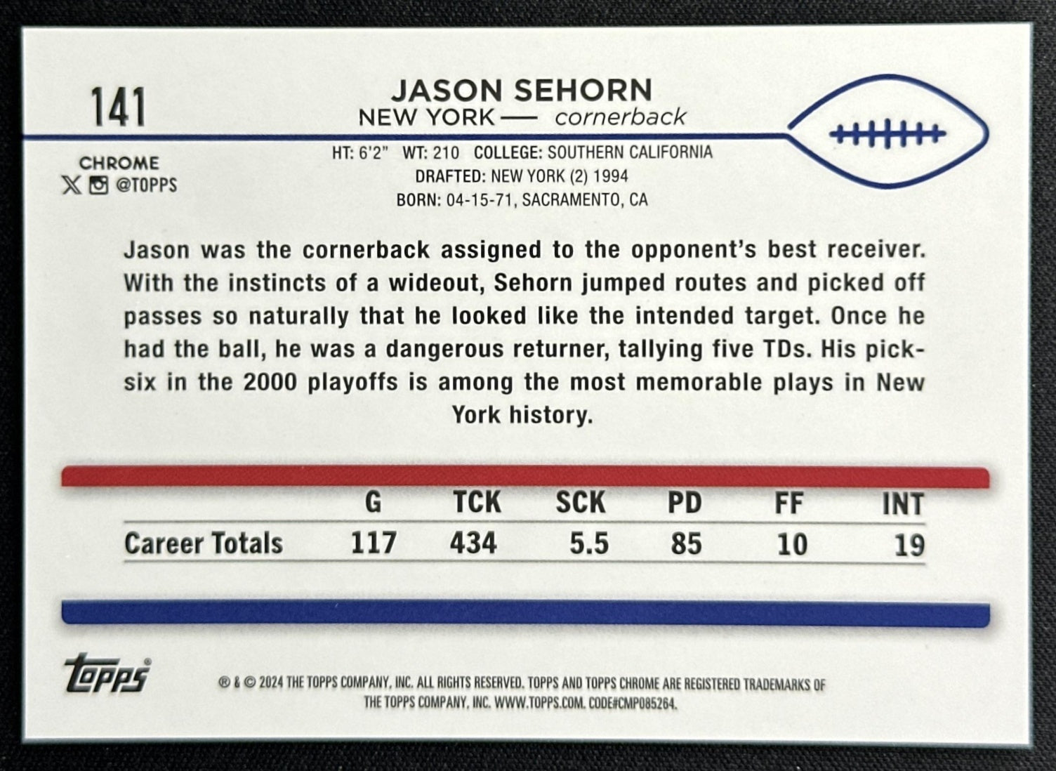 Jason Sehorn 2024 Topps Chrome Sapphire Edition Gold Refractor /50 Giants