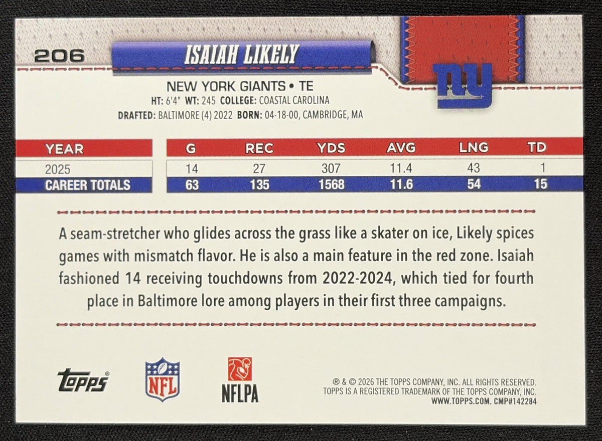 Isaiah Likely 2026 Topps Rainbow Foil Giants