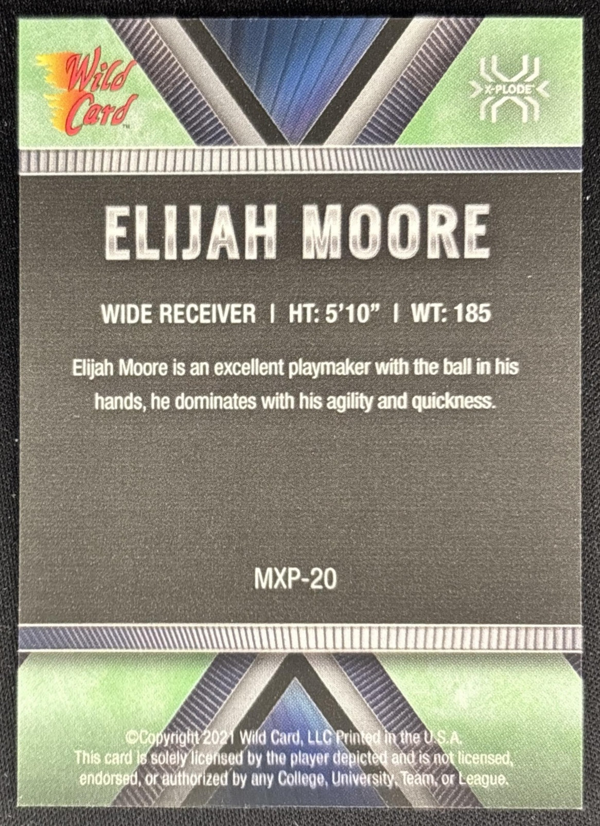 Elijah Moore 2021 Wild Card Matte X Plode Green/Silver Gold /50 in Rebels back