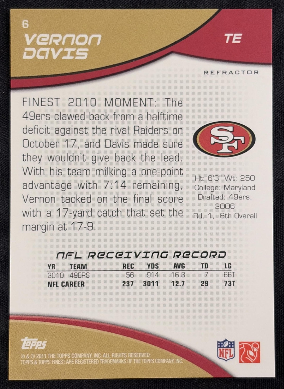 Vernon Davis 2011 Topps Finest Xfractors /399 49ers - Back