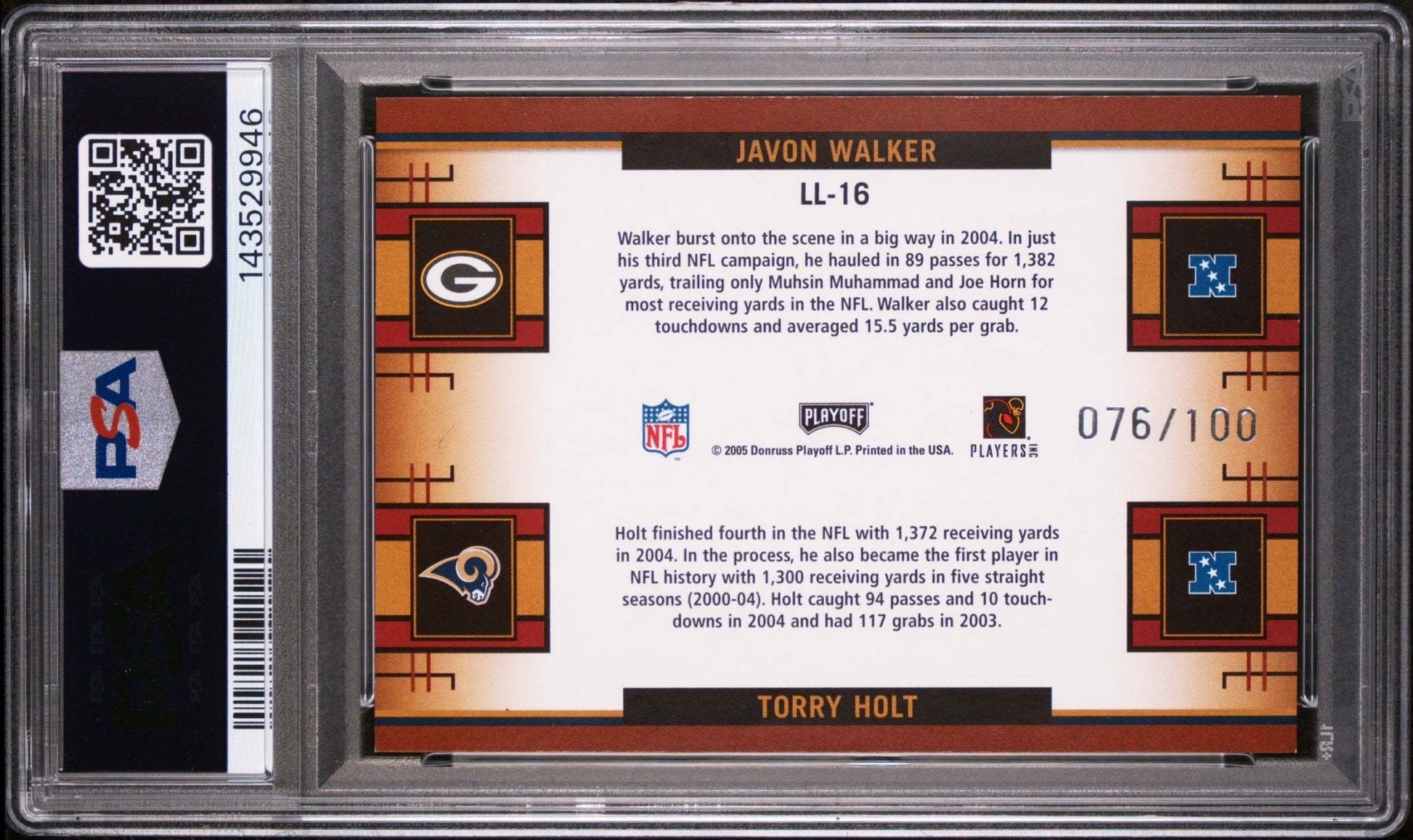 Torry Holt Javon Walker /100 2005 Playoff Prestige PSA 9 Rams Packers back