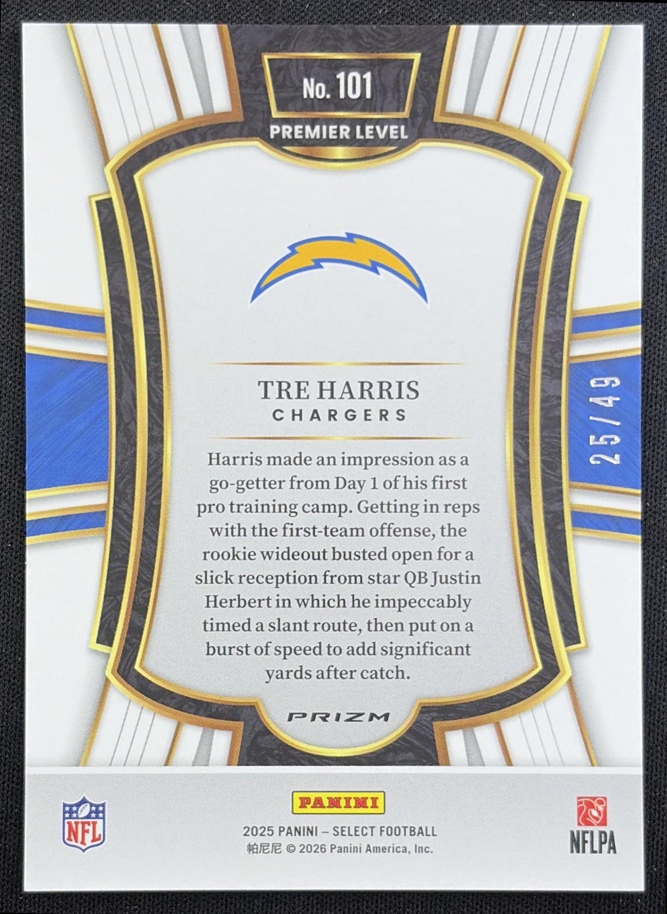 Tre Harris 2025 Panini Select Premier Level Neon Green Prizm /49 Chargers Los Angeles Chargers back