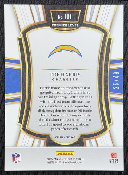 Tre Harris 2025 Panini Select Premier Level Neon Green Prizm /49 Chargers Los Angeles Chargers back