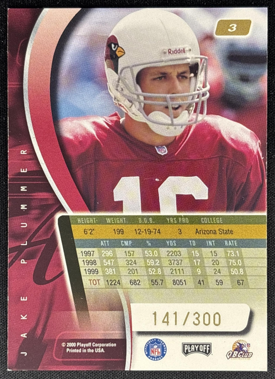 Jake Plummer 2000 Playoff Absolute Coaches Honors /300 Cardinals back