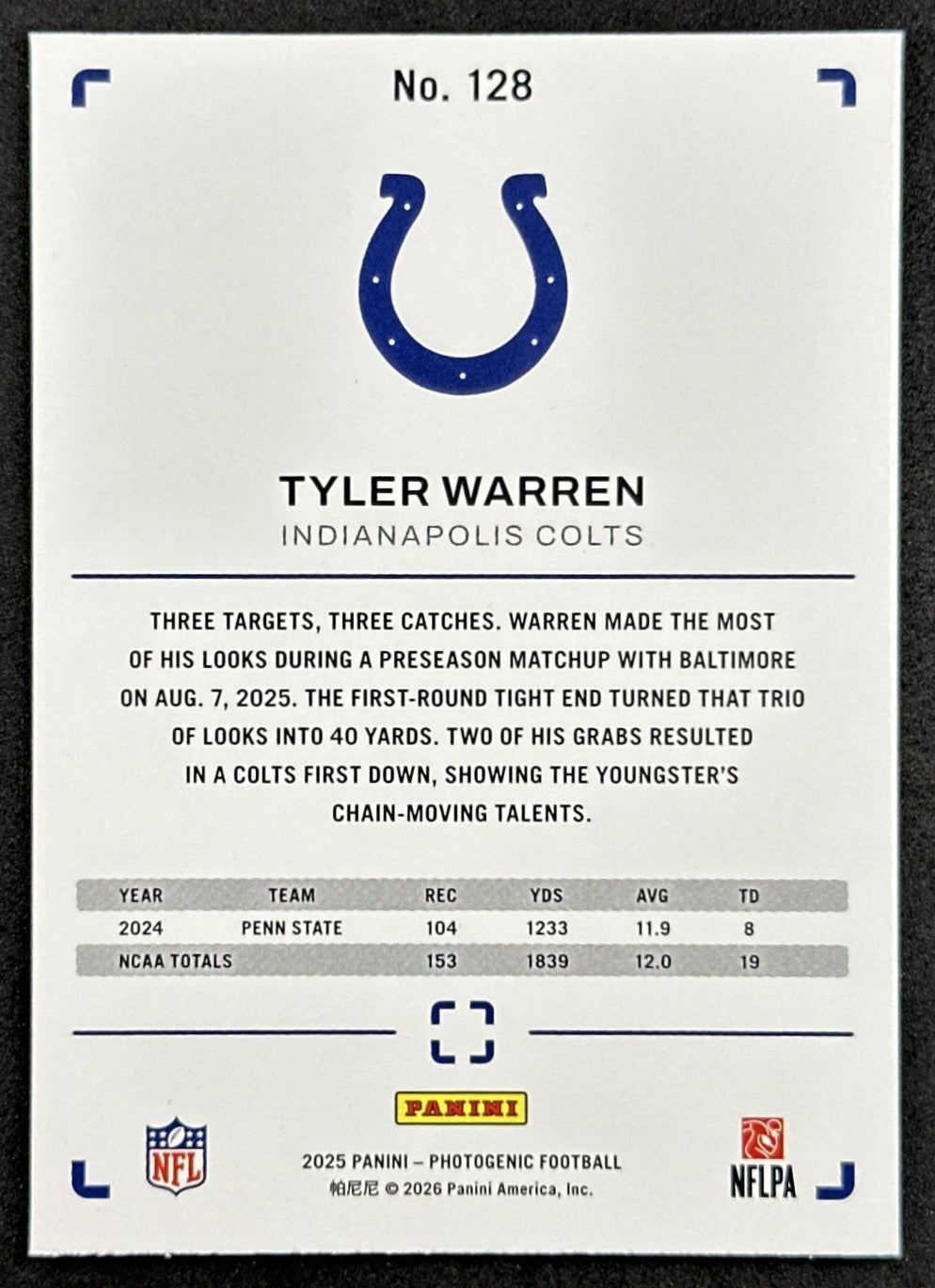 Tyler Warren 2025 Panini PhotoGenic Rookies Colts Sports Trading Cards